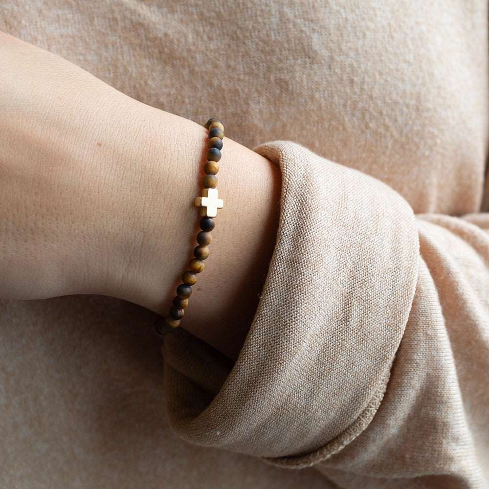 Faith Over Fear Cross Bracelet, 4mm-Tiger Eye