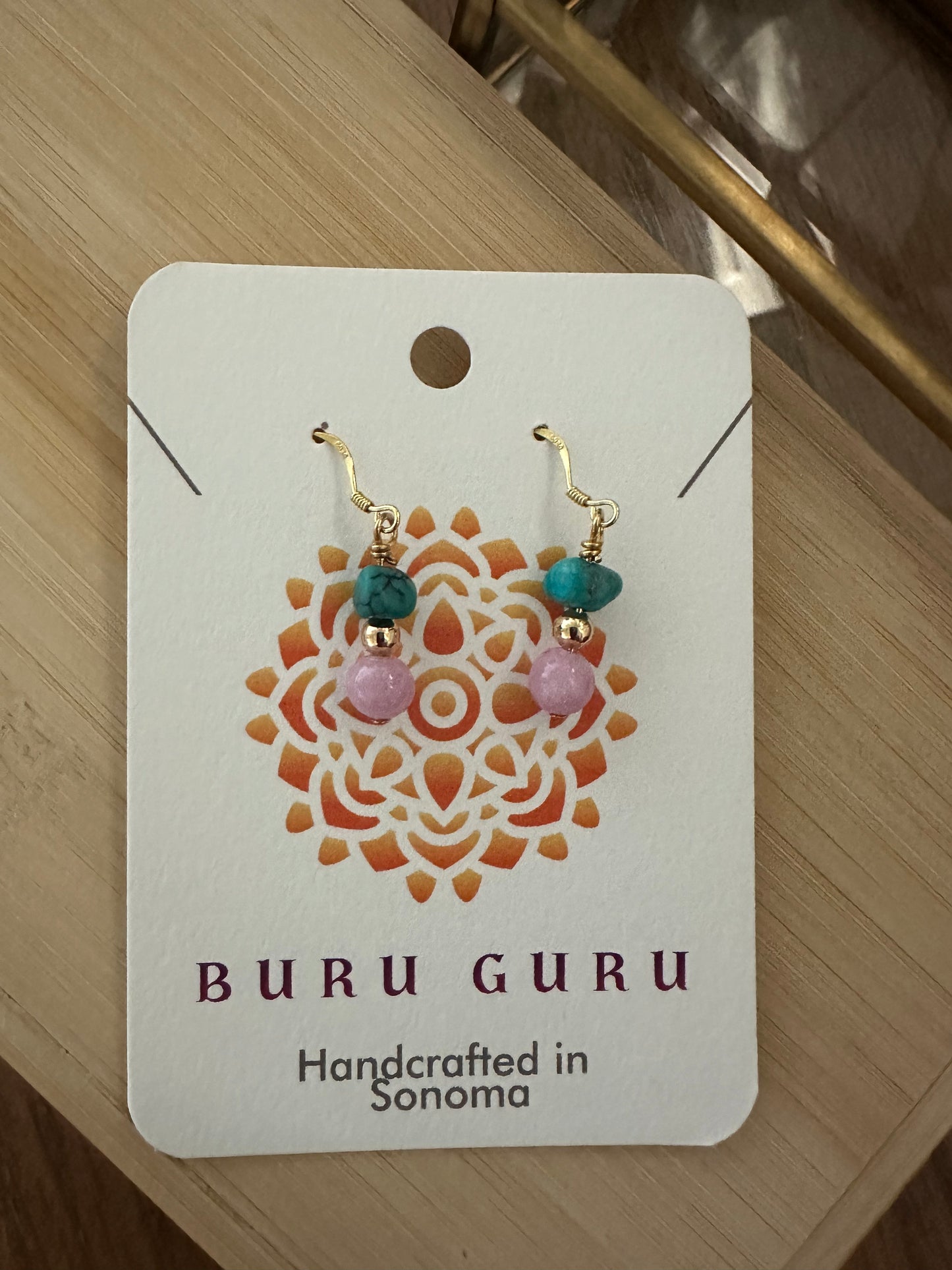 Turquoise and pink jade earrings