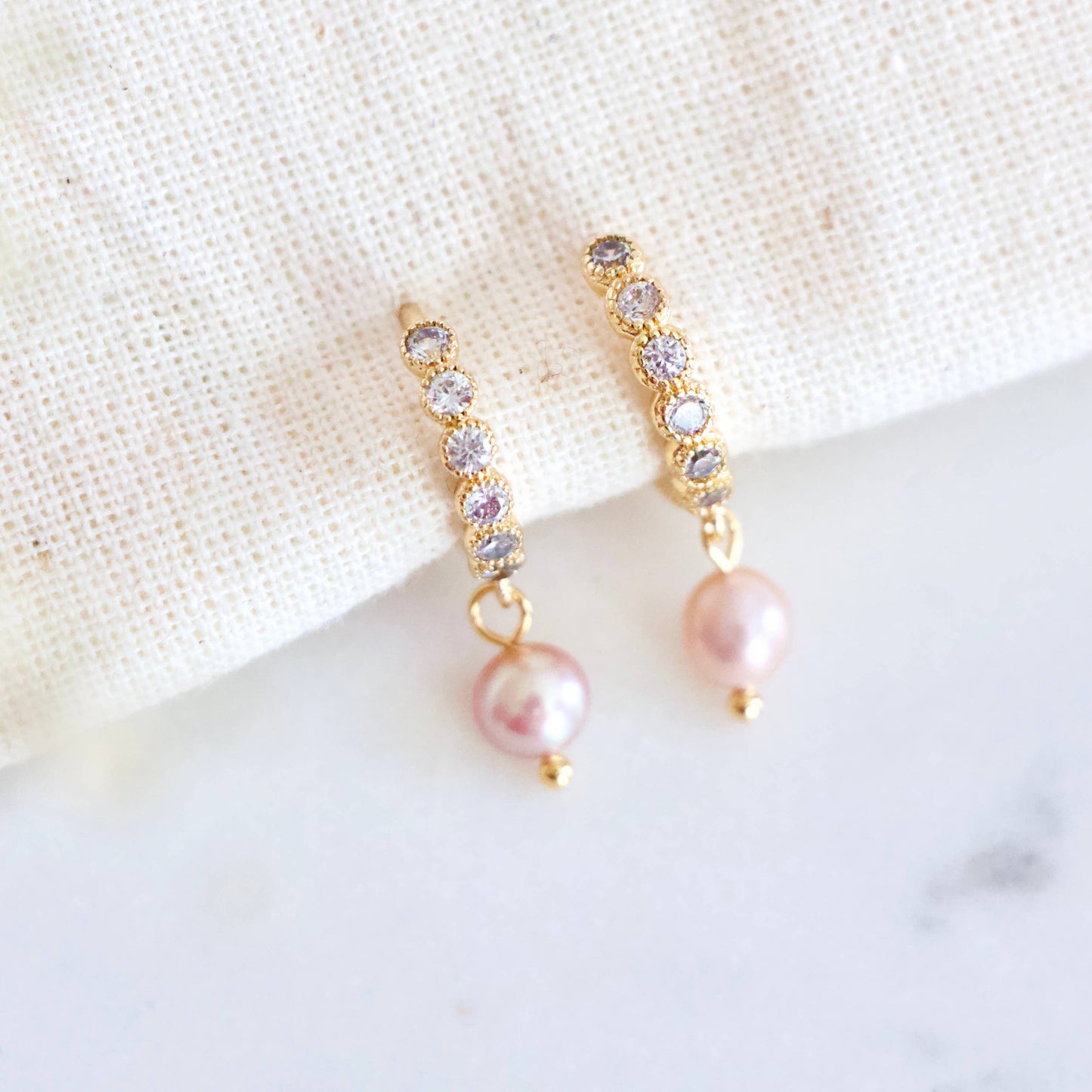 Zircon Pearl Drop Huggie Earrings - Blush