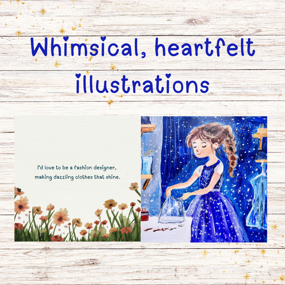 Illustration of a girl in a blue dress with text 'Whimsical, heartfelt illustrations' on a wooden background.