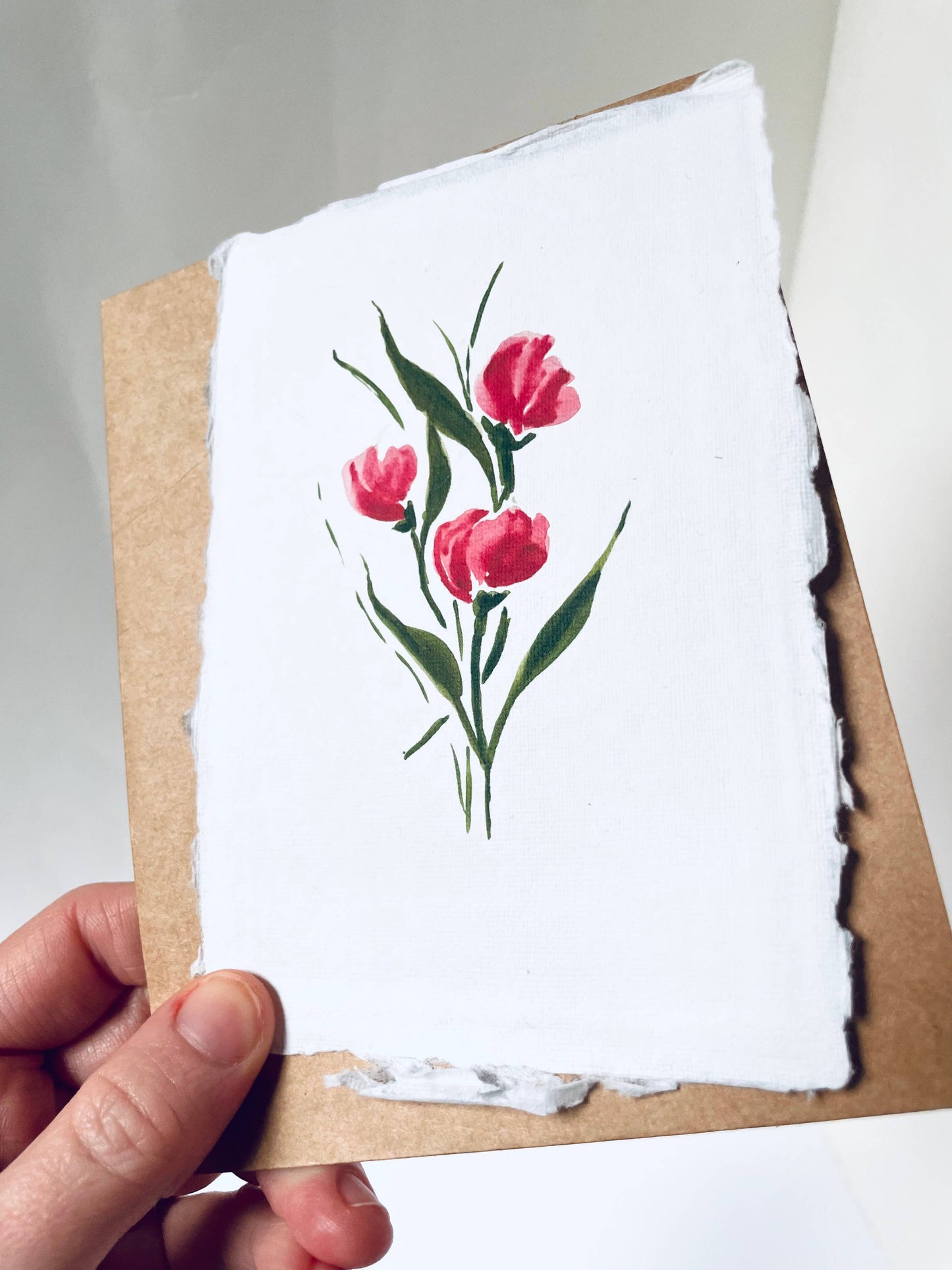 Handmade Cotton Card, Magenta Tulips Print, EcoFriendly Card