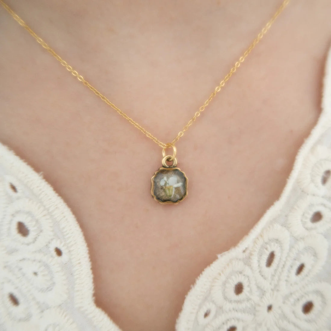 Marilla Square Necklace- White forget me not in vintage