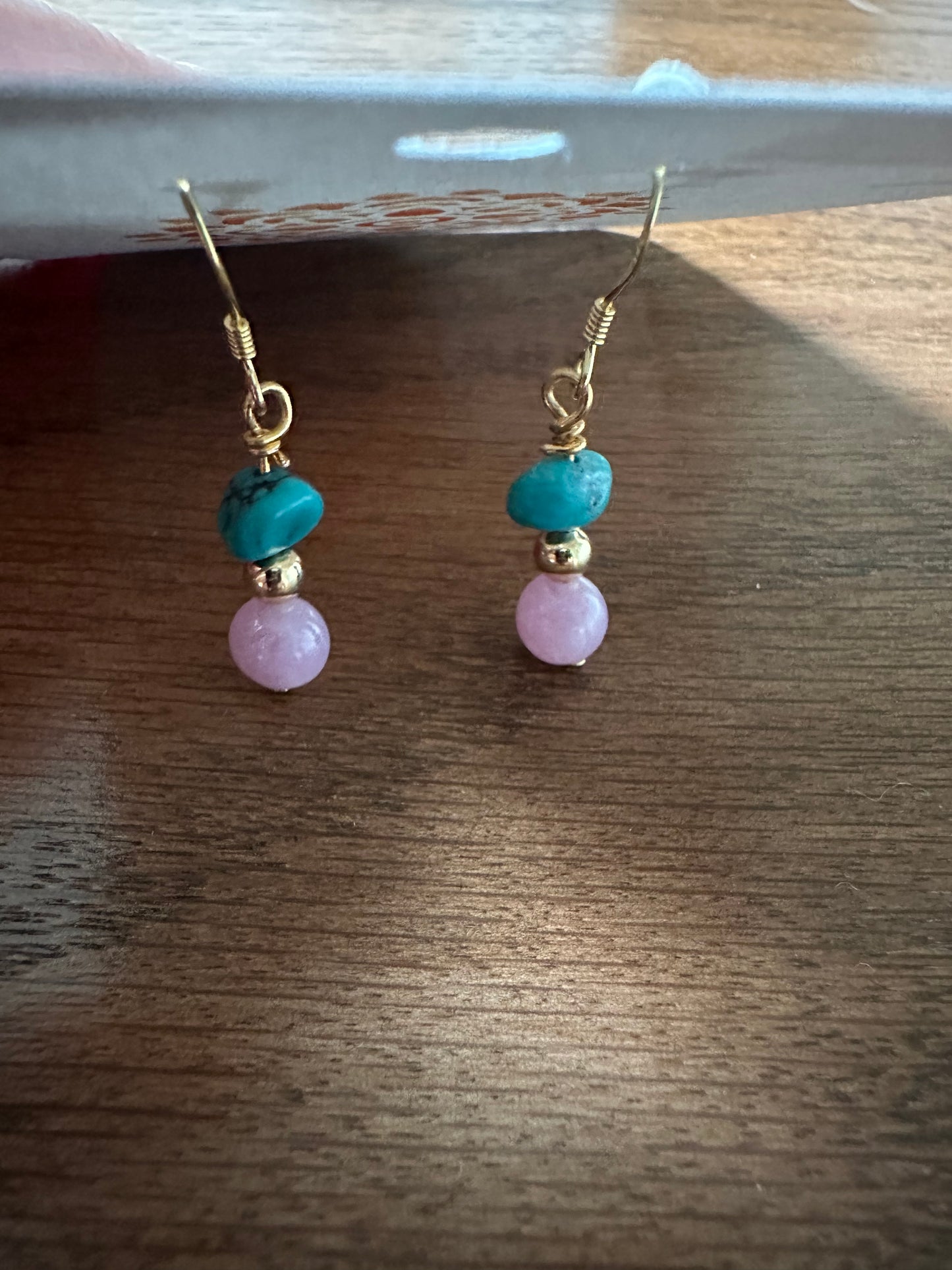 Turquoise and pink jade earrings