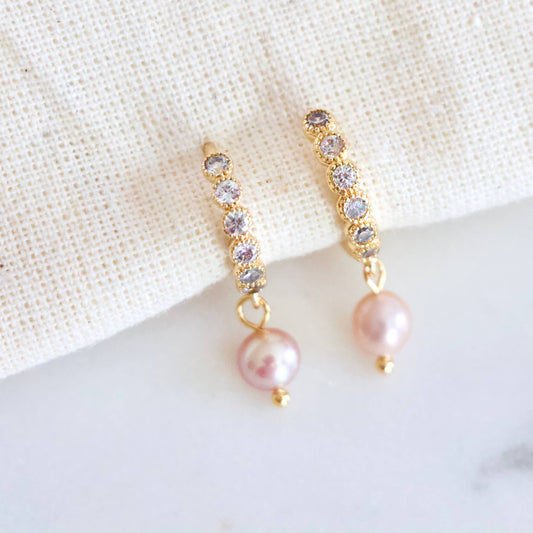 Zircon Pearl Drop Huggie Earrings - Blush