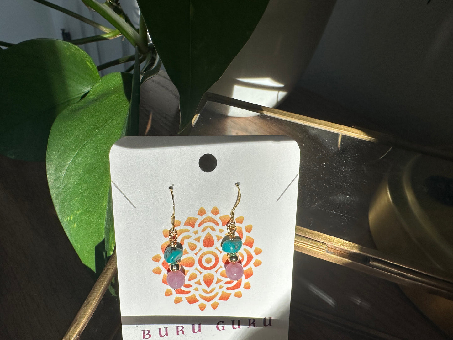 Turquoise and pink jade earrings
