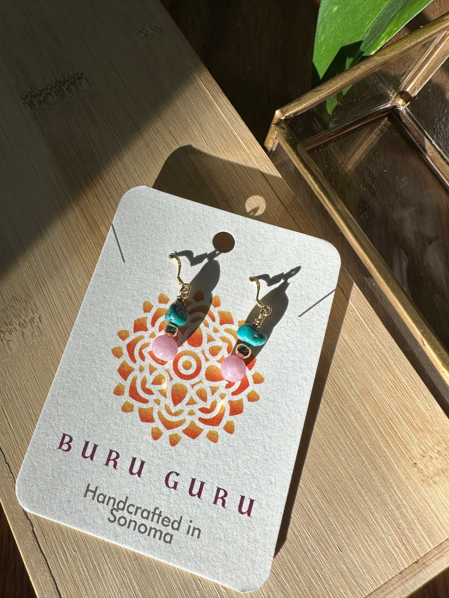 Turquoise and pink jade earrings