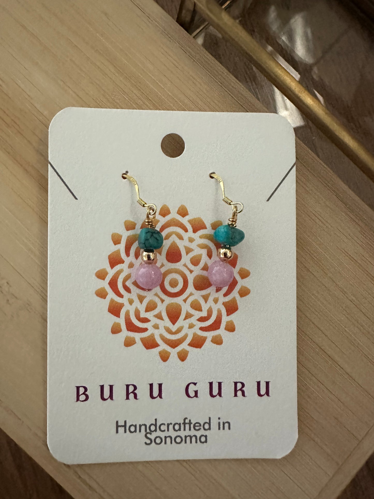 Turquoise and pink jade earrings