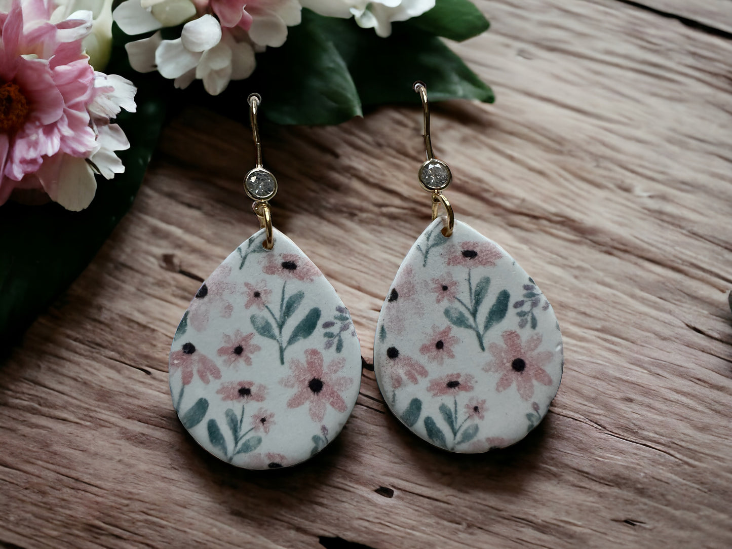 Pink Floral Clay Earrings, teardrop