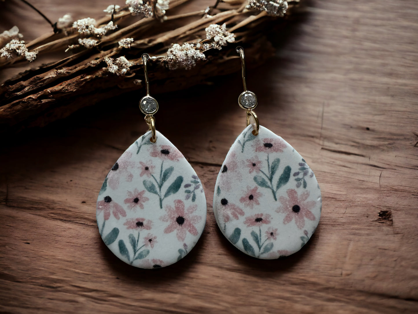 Pink Floral Clay Earrings, teardrop