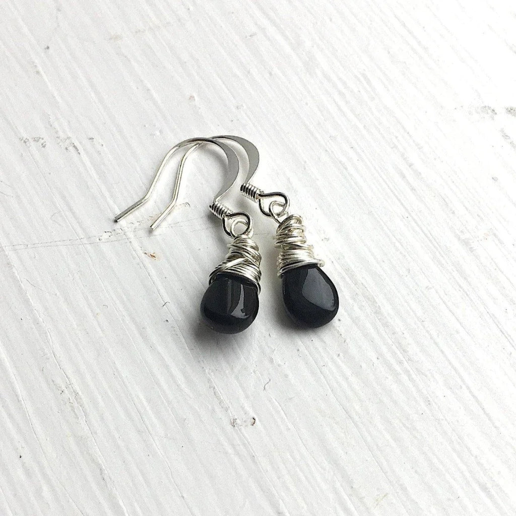 Small Teardrop Earrings with Black Onyx in Silver