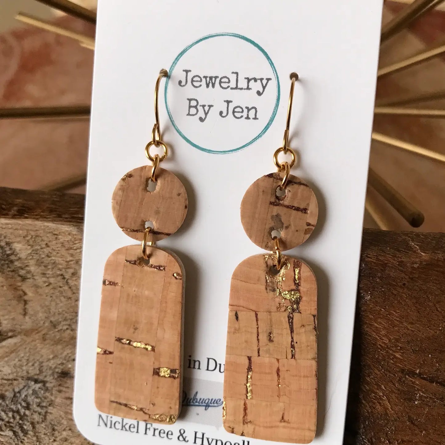 Small Bar Earrings: Cork w/Gold Accents