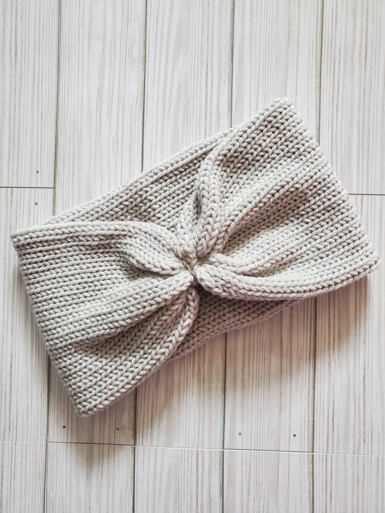 Knotted Earwarmer, Knit Twisted Headband, Messy Bun Hat: Silver