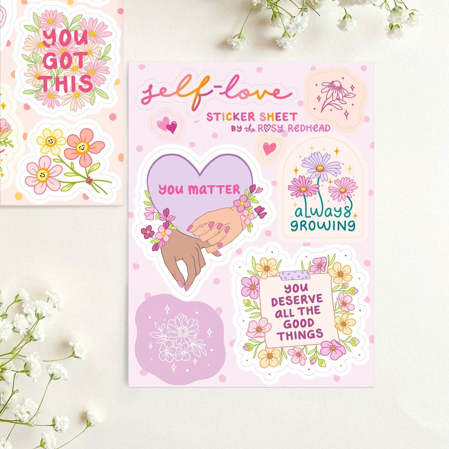 Self-Love Floral Cute Positive Waterproof Sticker Sheet