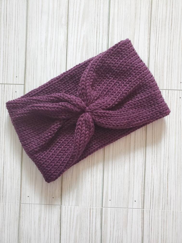 Knotted Earwarmer, Knit Twisted Headband, Messy Bun Hat: Plum