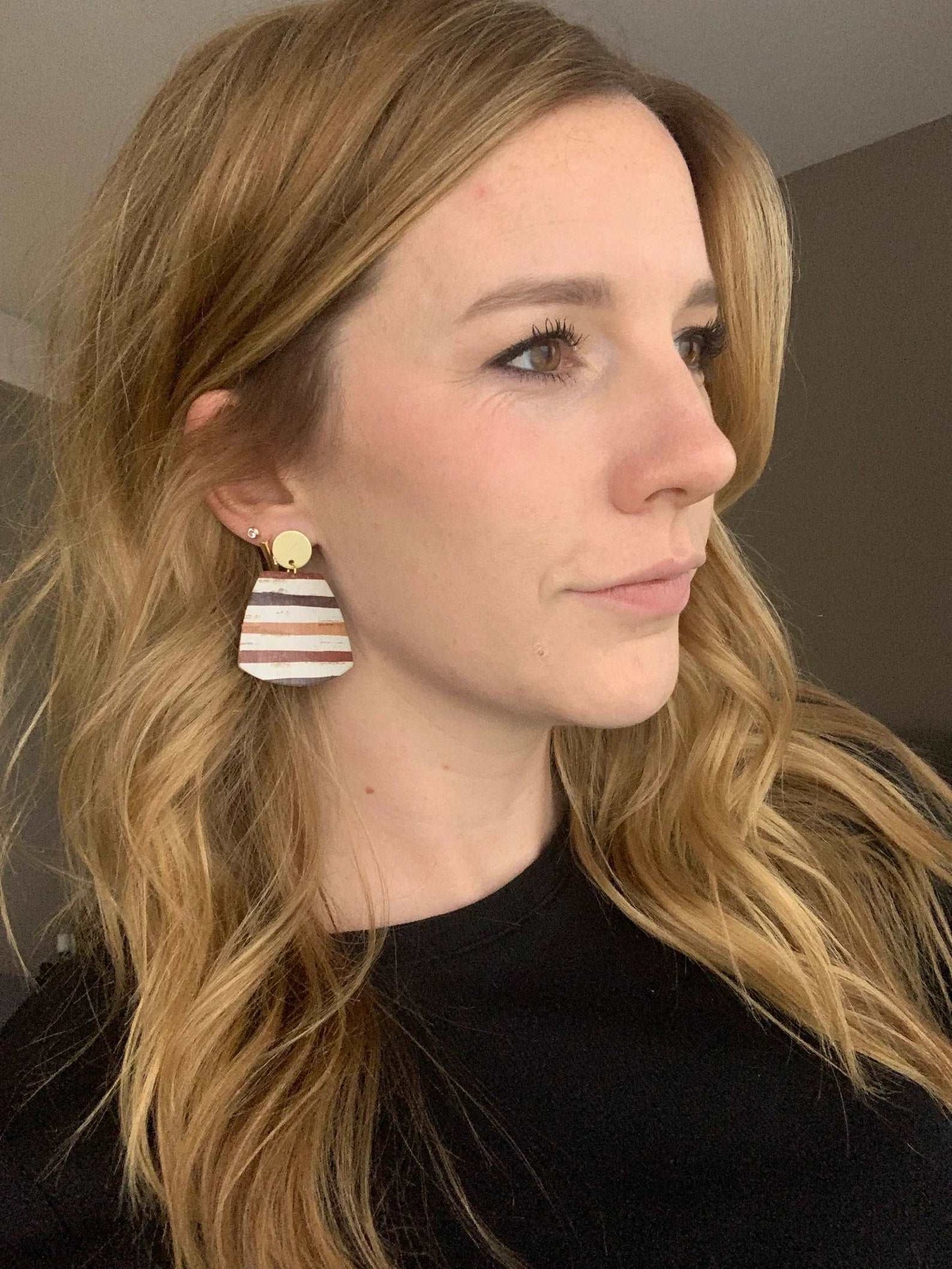 Fall Burgundy Stripe Genuine Leather Earrings
