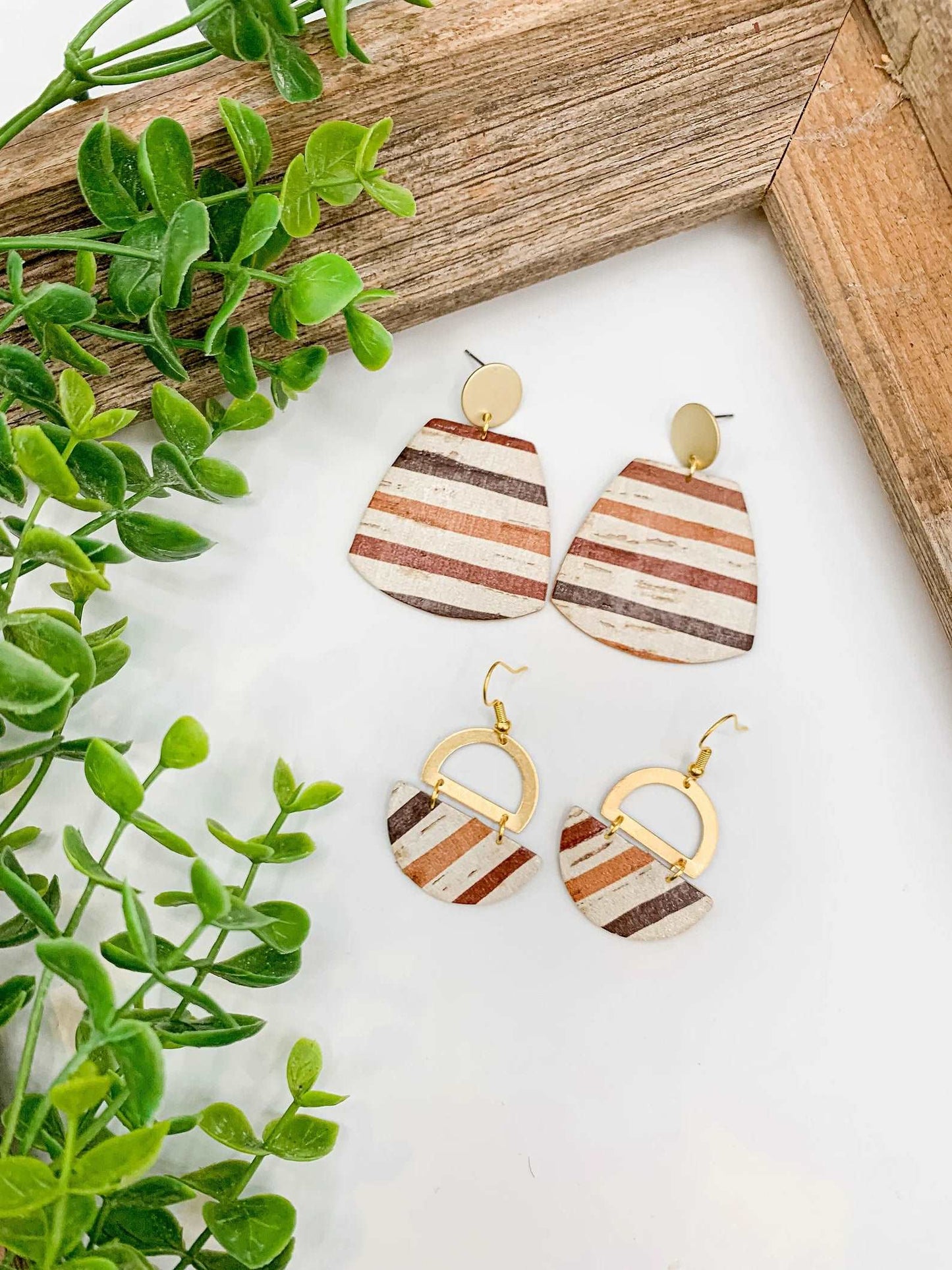 Fall Burgundy Stripe Genuine Leather Earrings