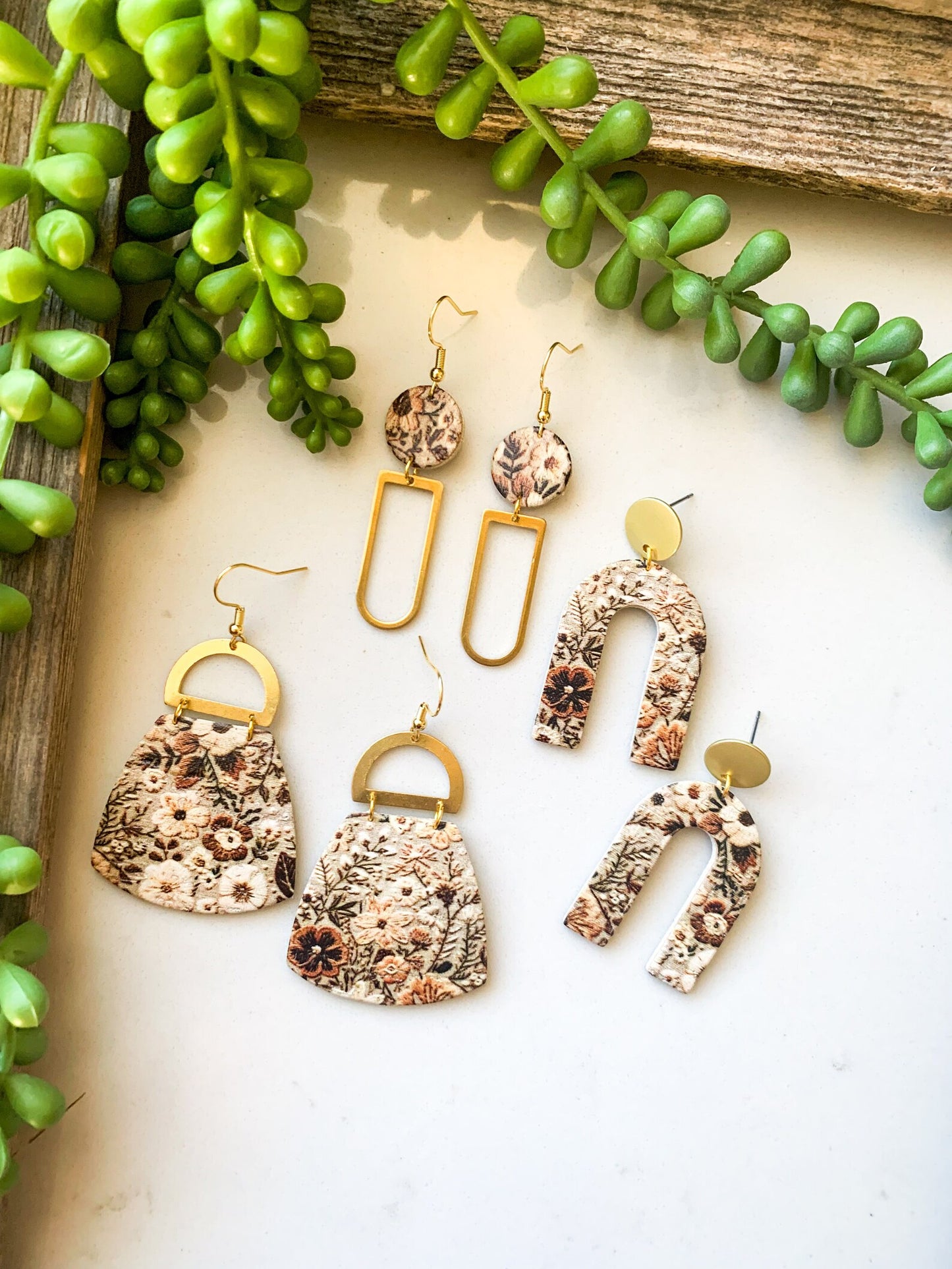 Vintage Neutral Floral Circle| Rounded Rectangle Brass| Genuine Leather Earrings