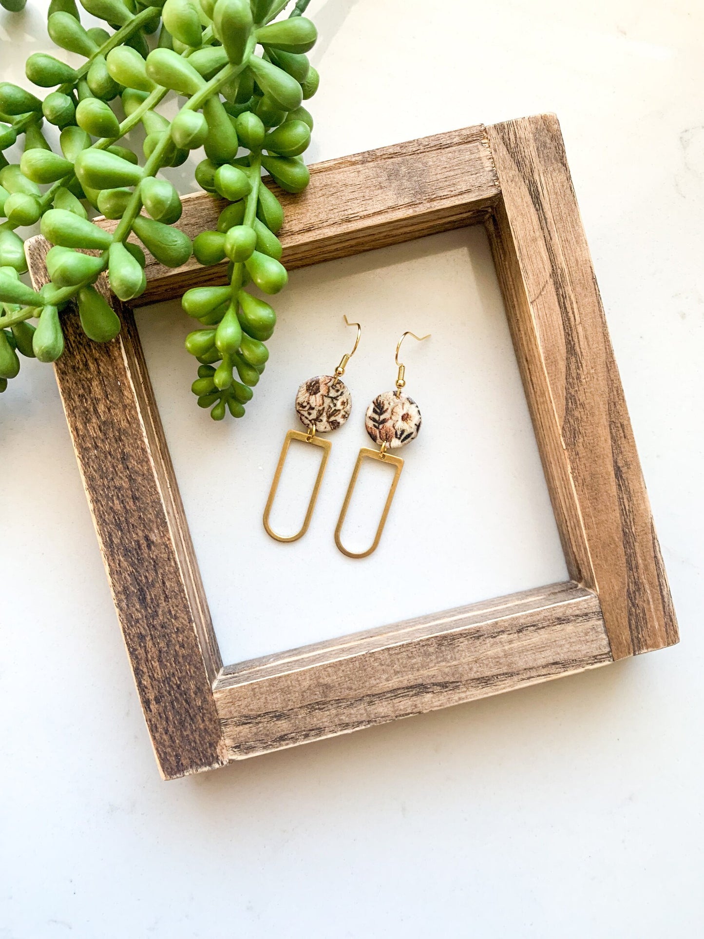 Vintage Neutral Floral Circle| Rounded Rectangle Brass| Genuine Leather Earrings