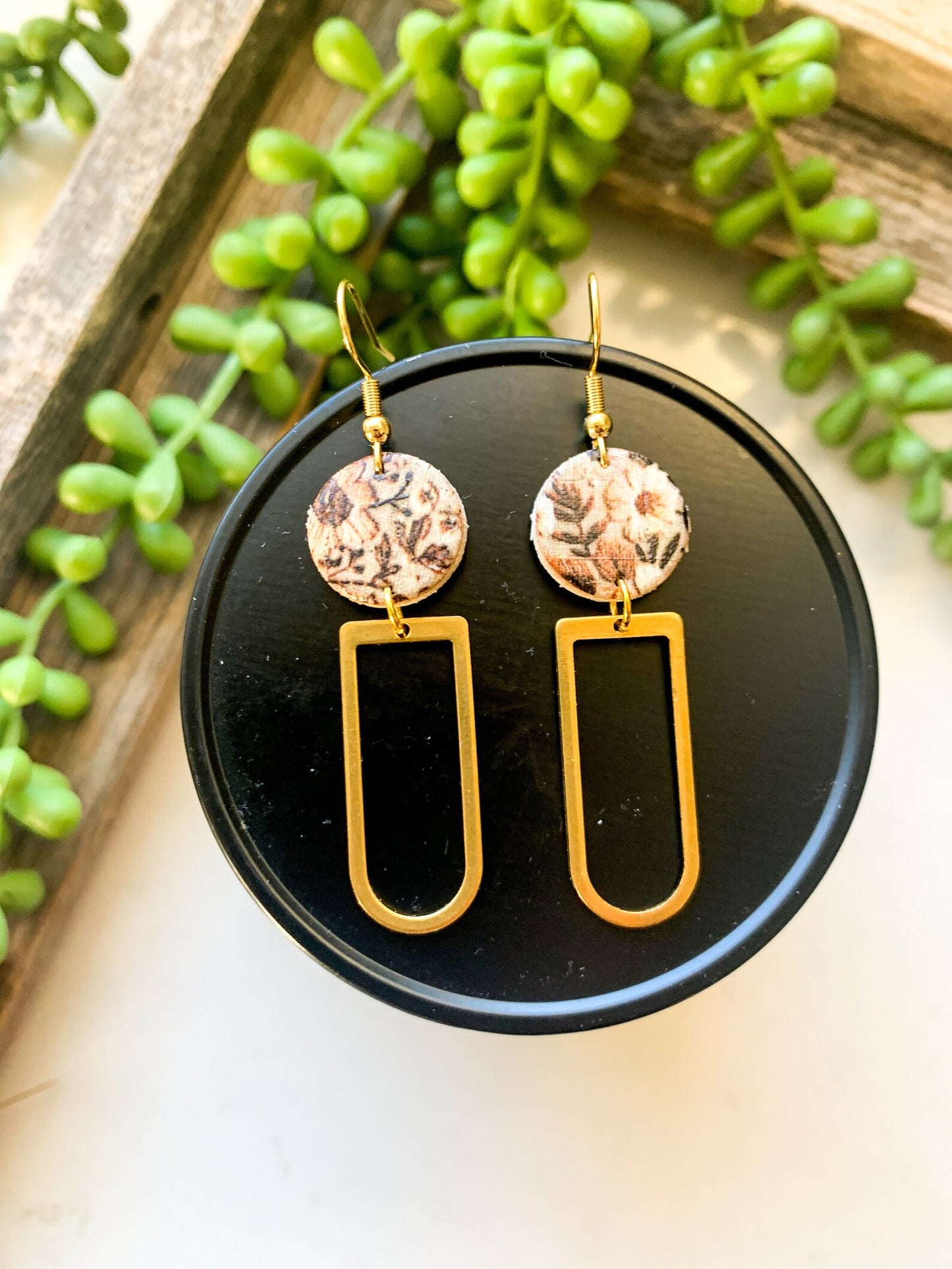 Vintage Neutral Floral Circle| Rounded Rectangle Brass| Genuine Leather Earrings