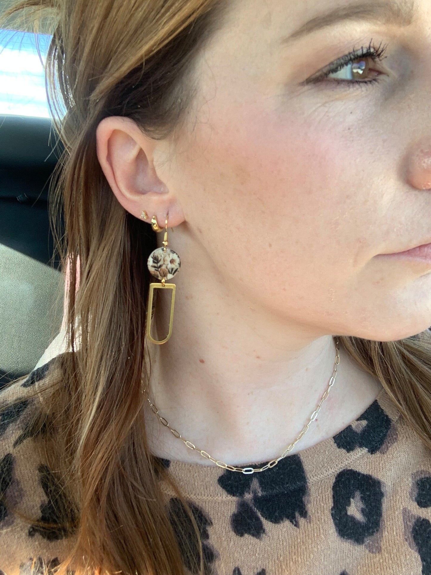 Vintage Neutral Floral Circle| Rounded Rectangle Brass| Genuine Leather Earrings