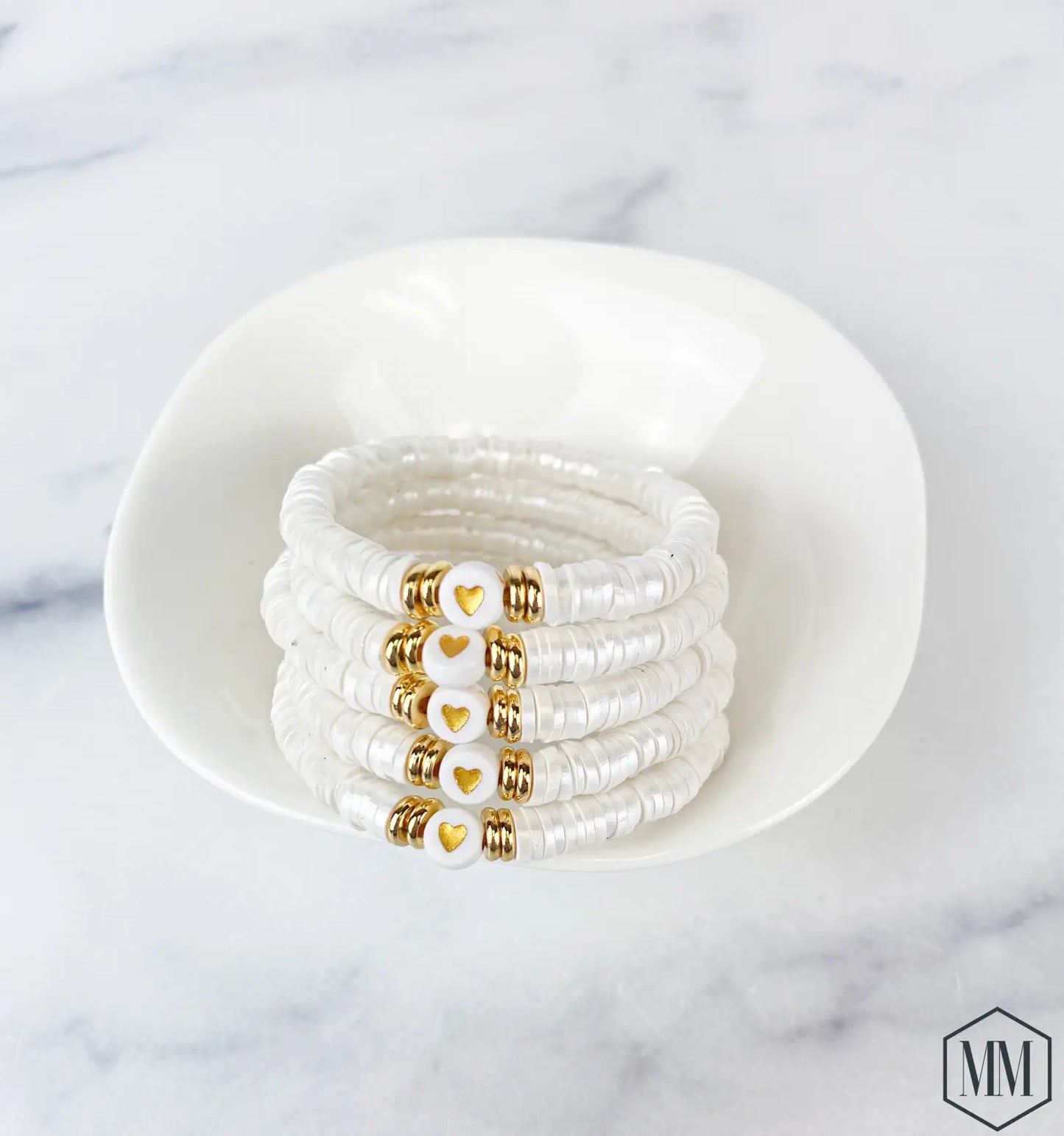 Set of 3 bracelet Heishi Small 6mm Color Pop Bracelet "Pearl" with gold heart