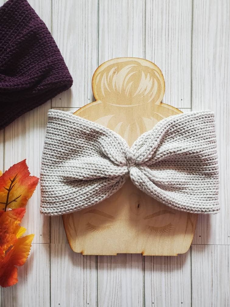 Knotted Earwarmer, Knit Twisted Headband, Messy Bun Hat: Silver