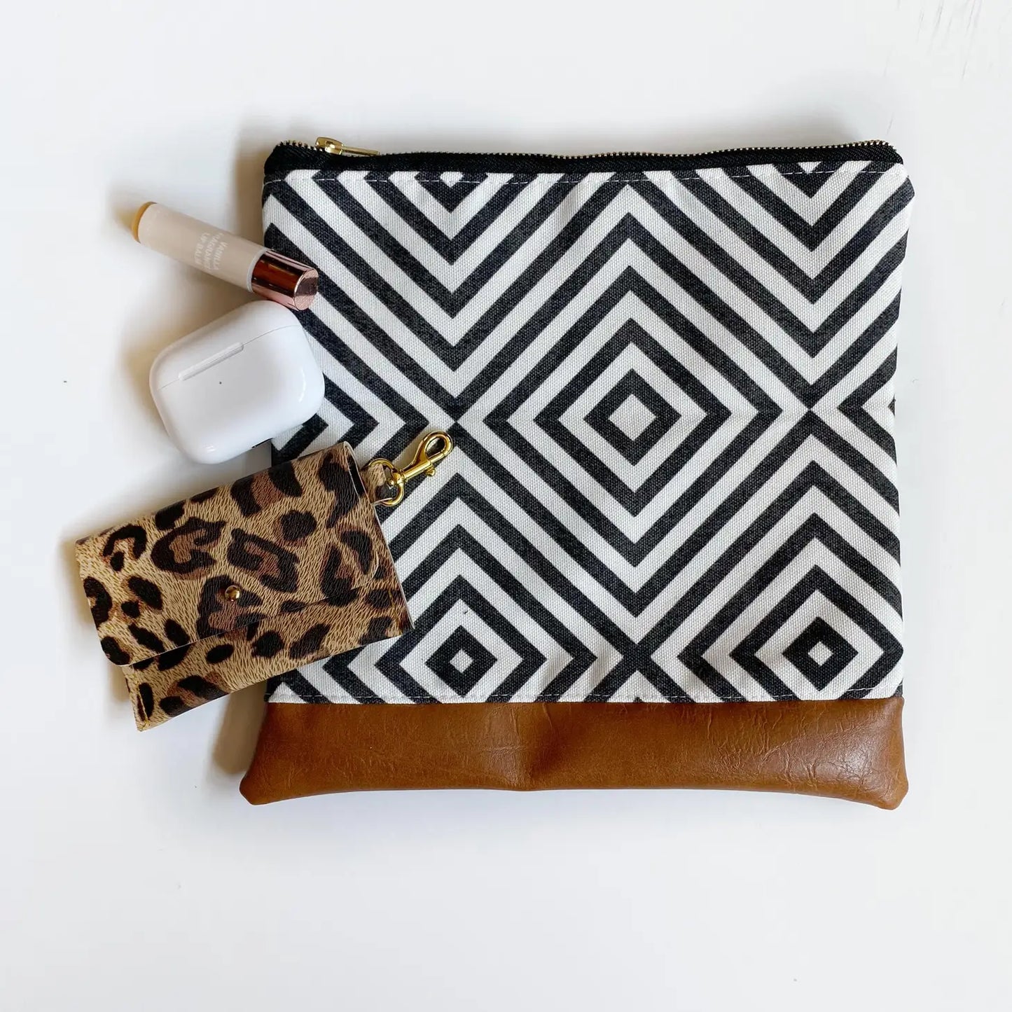 Small foldover clutch wristlet in white with black farmhouse stripe