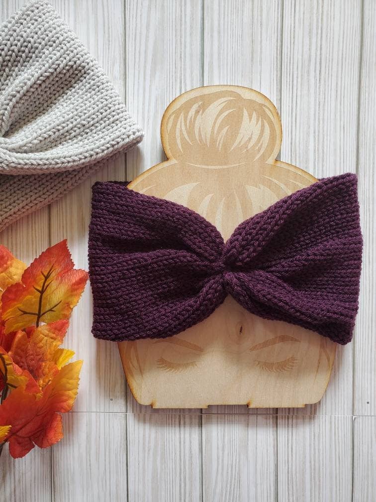 Knotted Earwarmer, Knit Twisted Headband, Messy Bun Hat: Plum