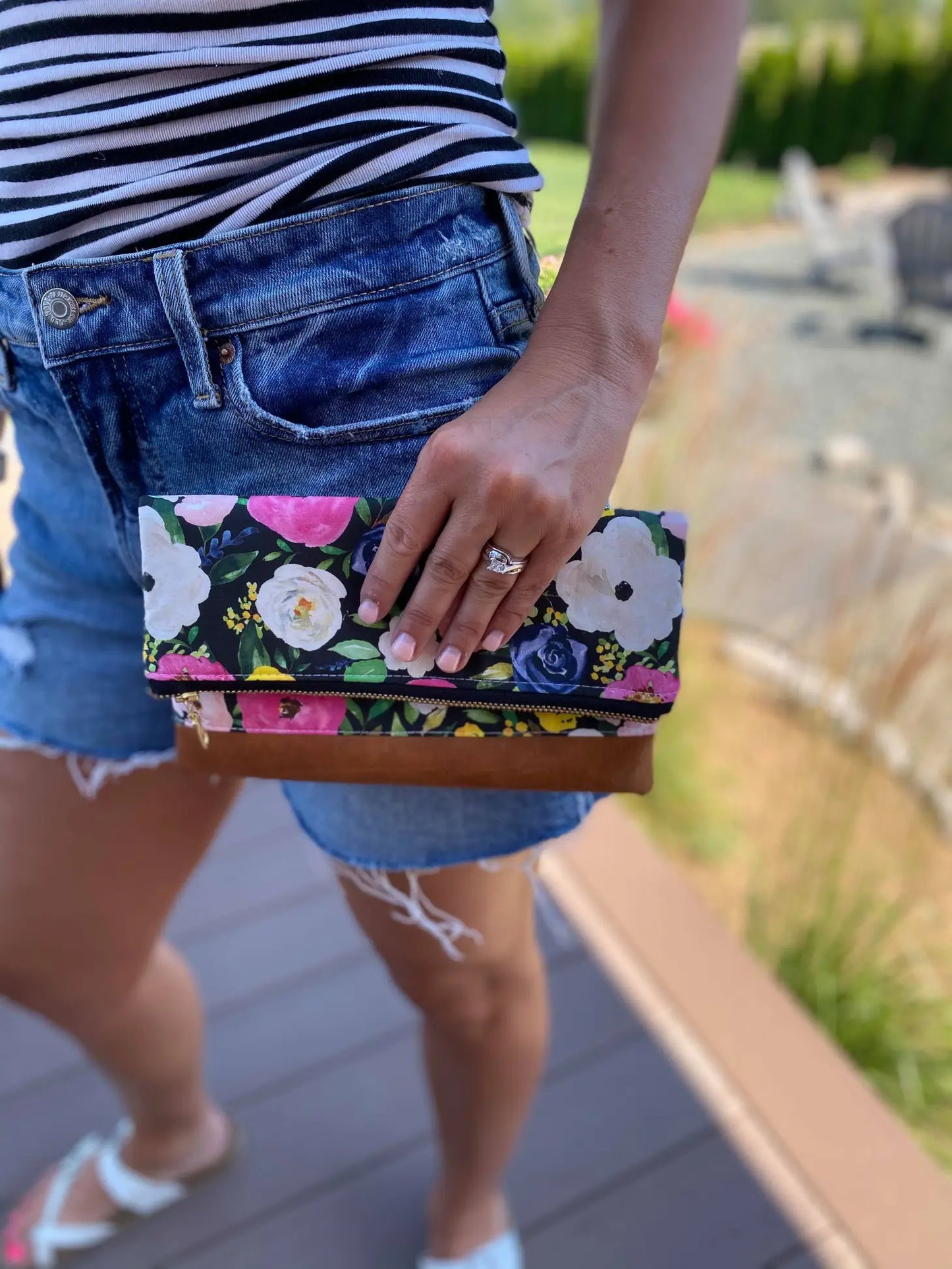 Small foldover clutch wristlet in white with black farmhouse stripe