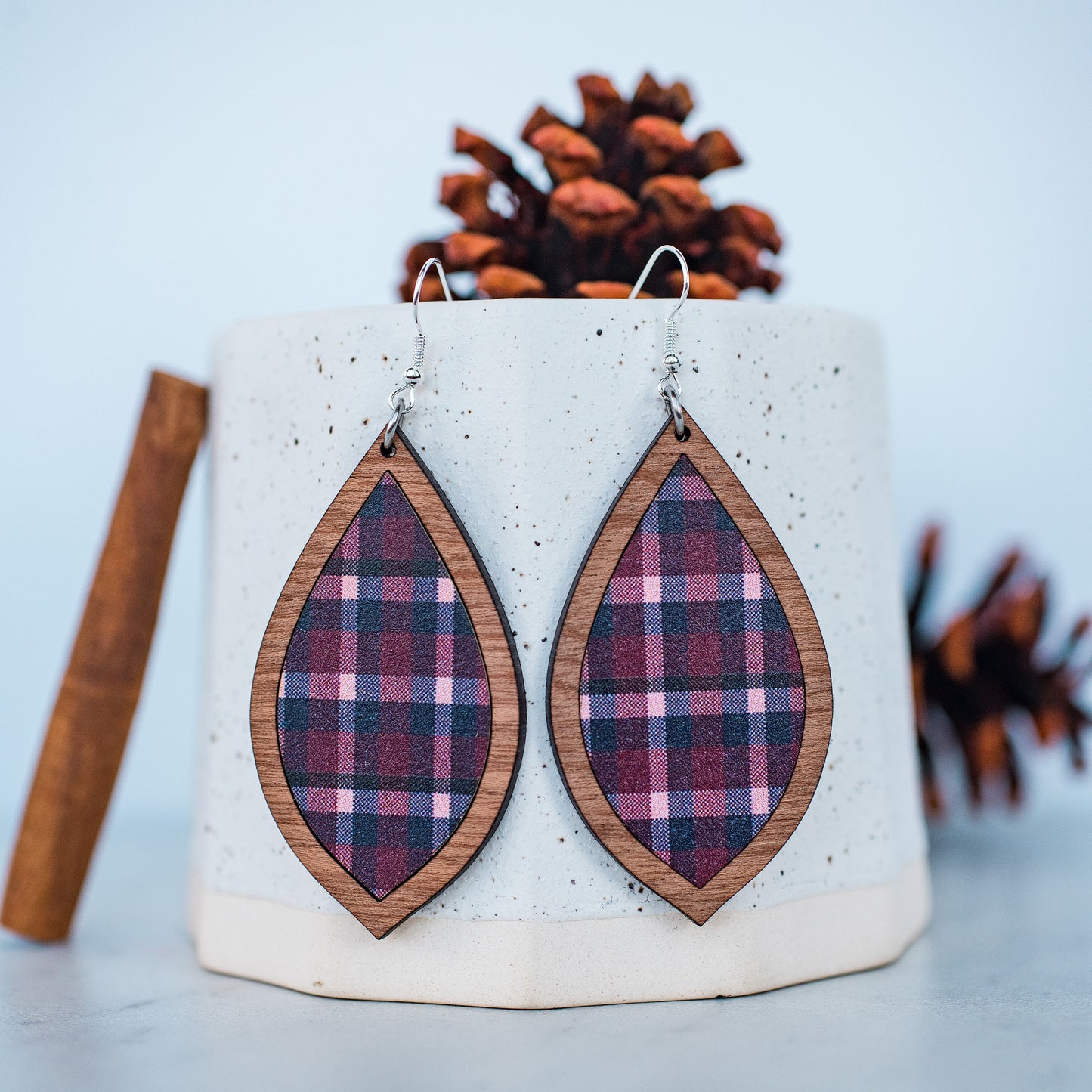 Navy & Burgundy Plaid Teardrop Inset Dangles - Fall Earrings
