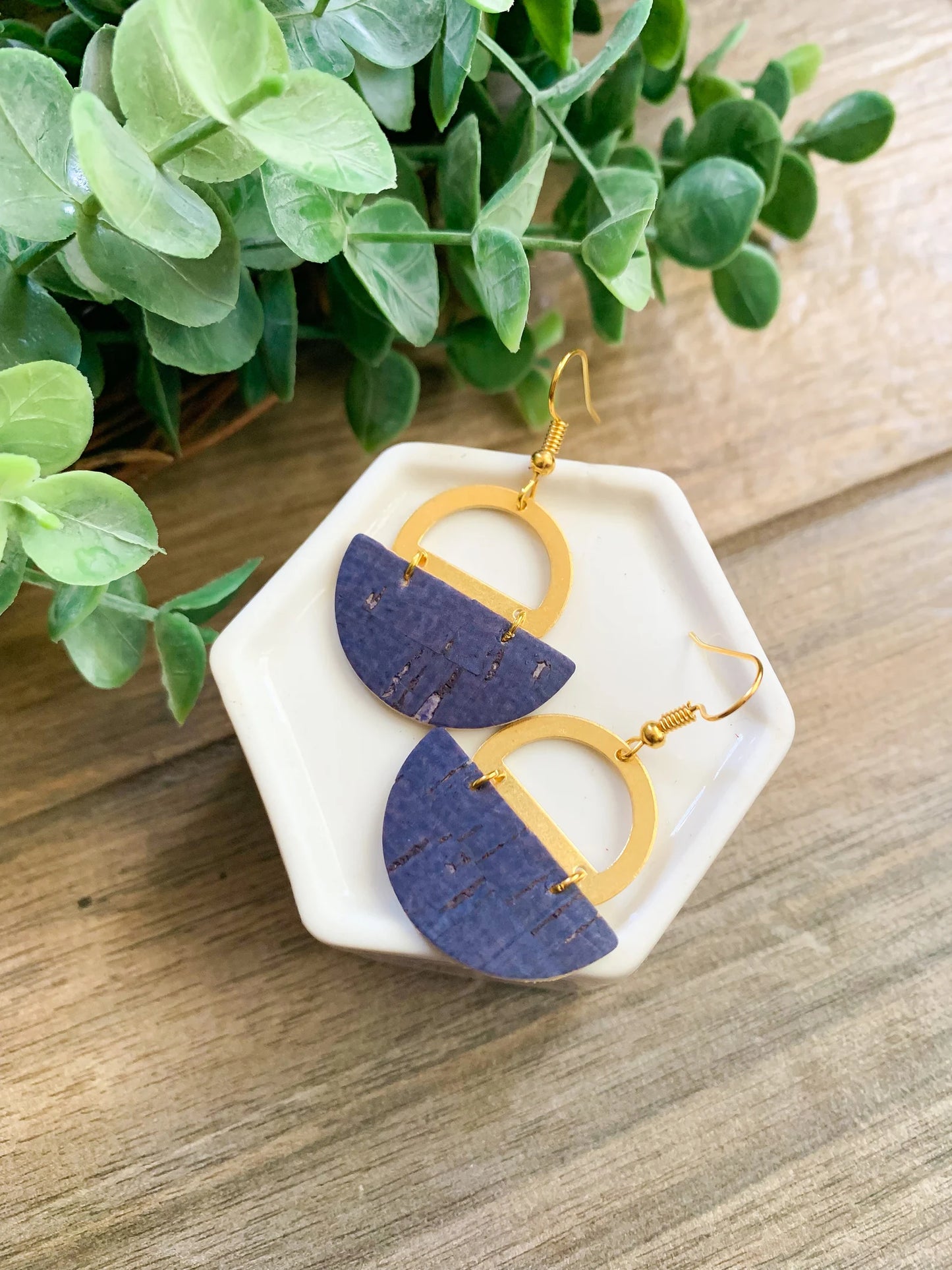 Navy & Gold Cork Genuine Leather Earrings