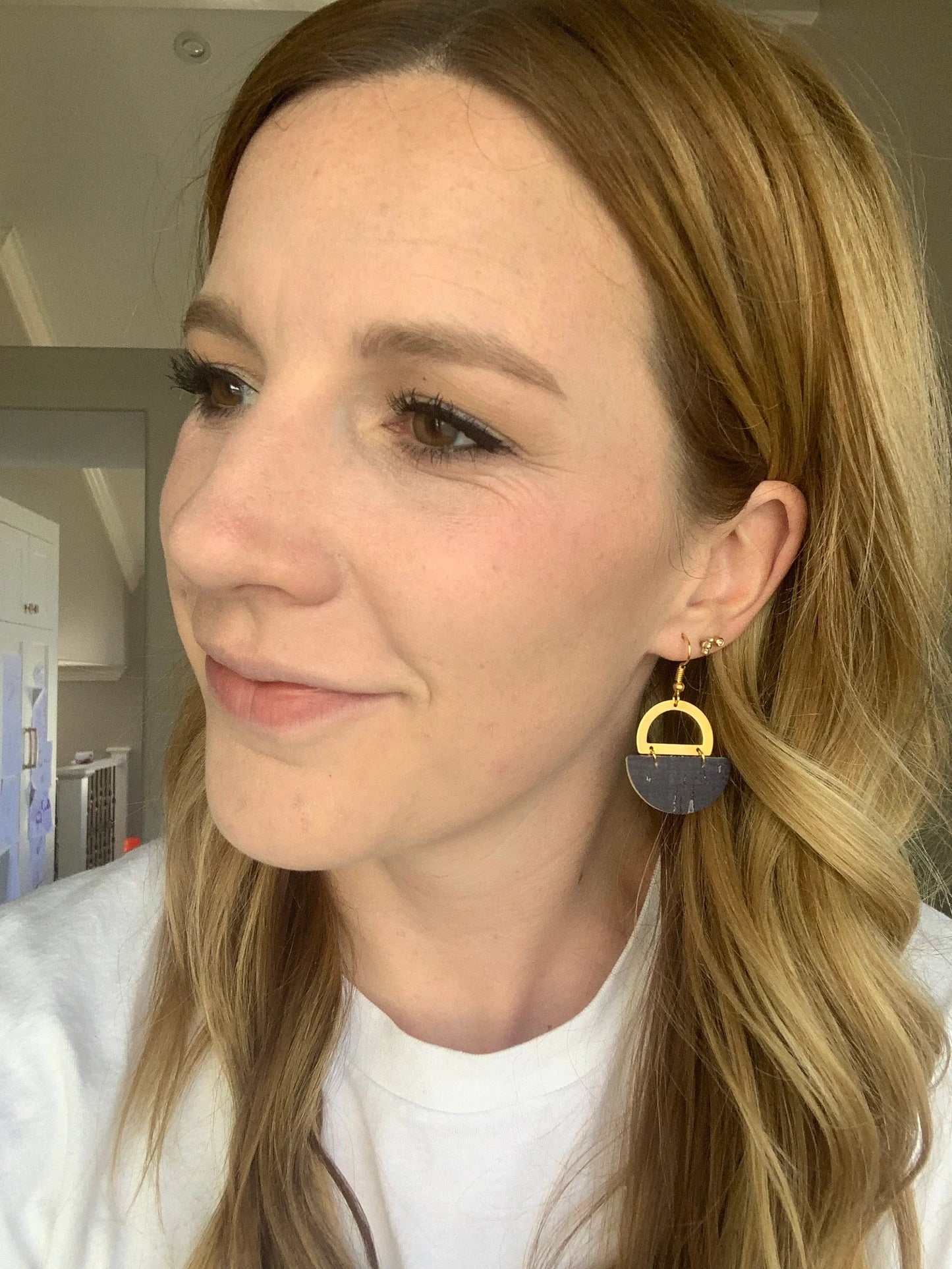 Navy & Gold Cork Genuine Leather Earrings