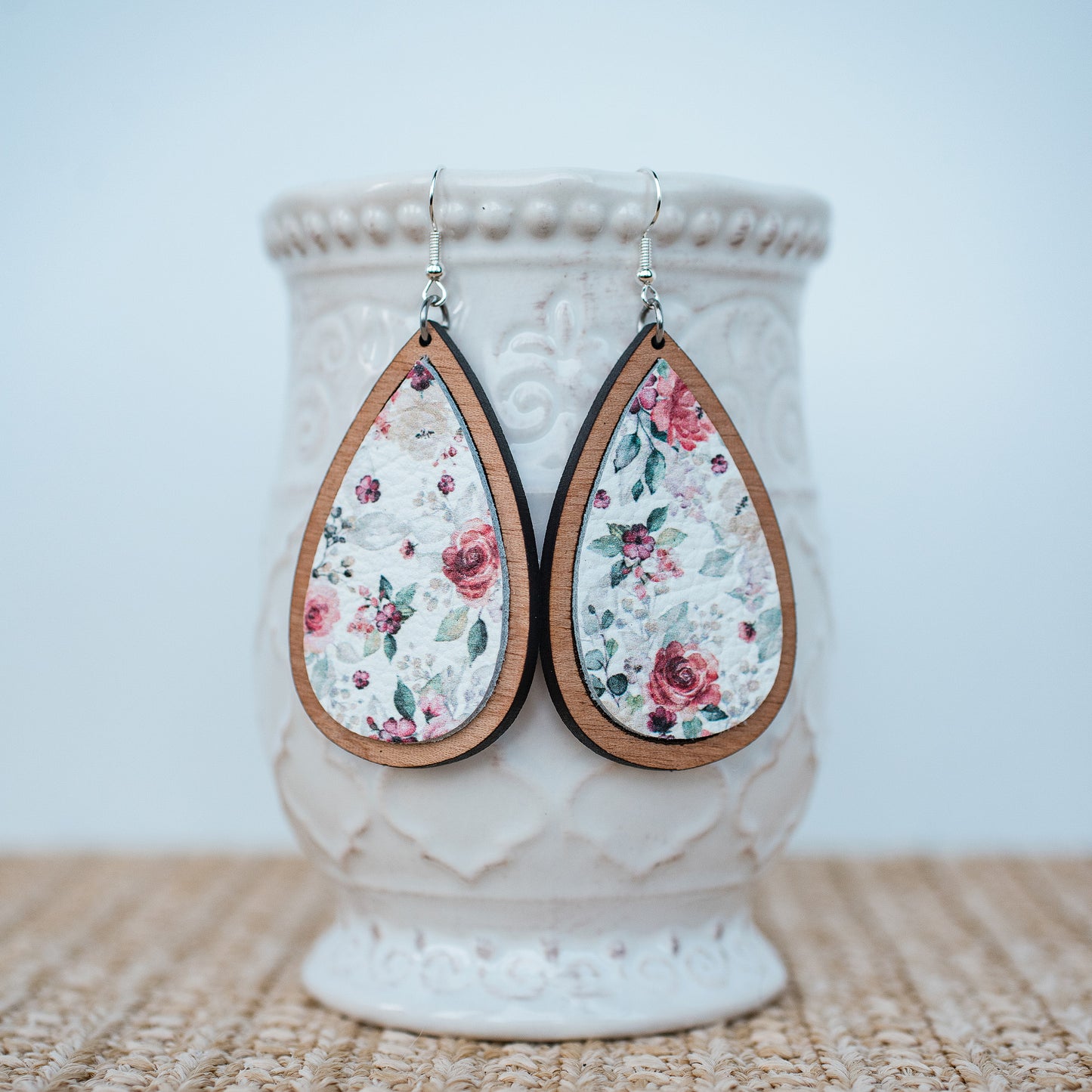 White Fall Floral Leather & Wood Teardrop Dangle Earrings
