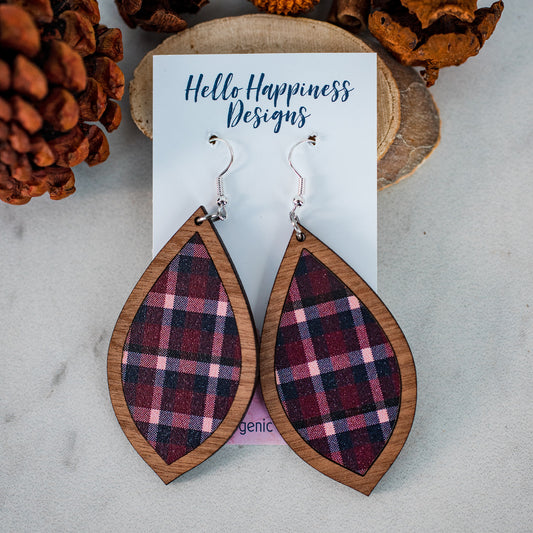 Navy & Burgundy Plaid Teardrop Inset Dangles - Fall Earrings