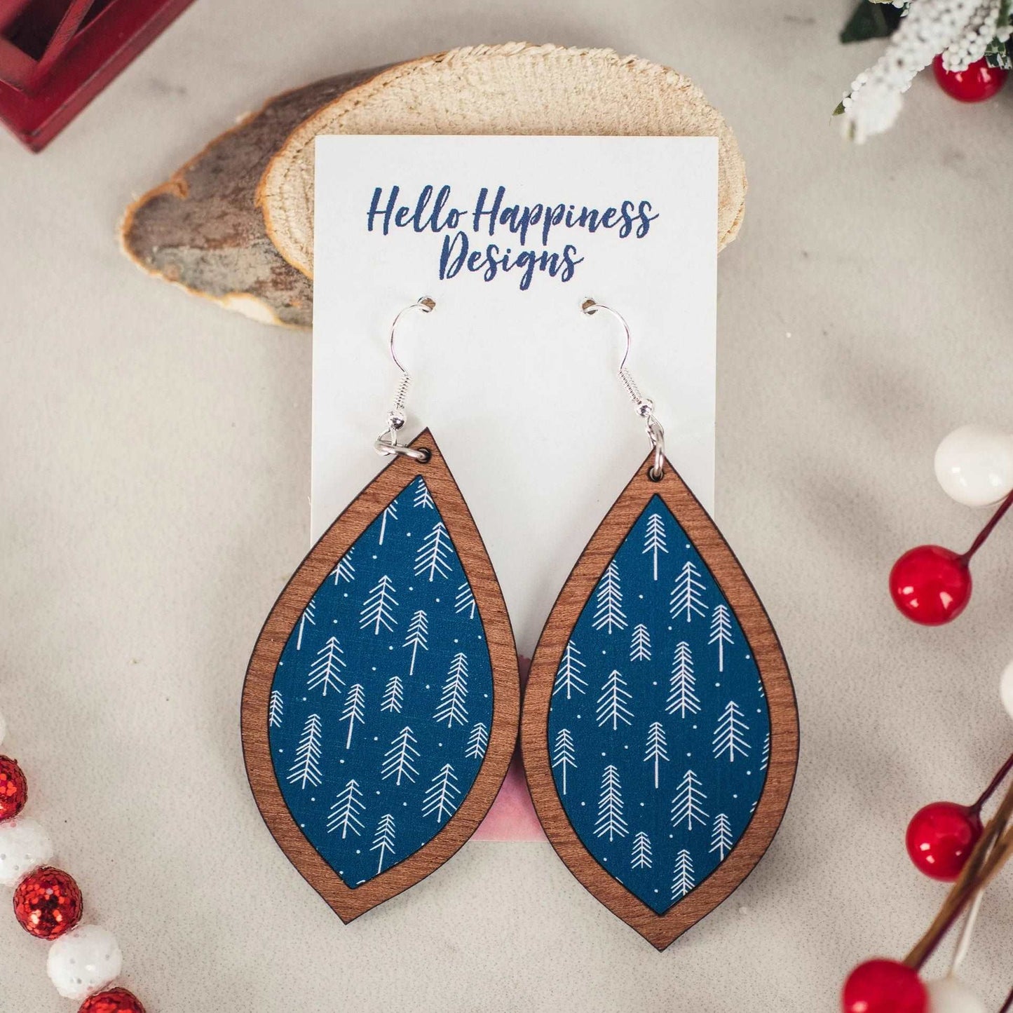 Blue & White Pine Tree Wood Inset Dangles