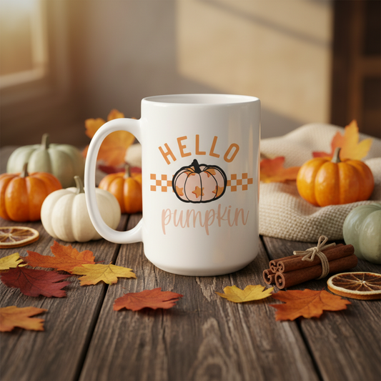 15oz Hello pumpkin ceramic coffee mug, Pumpkin mug, Pumpkin