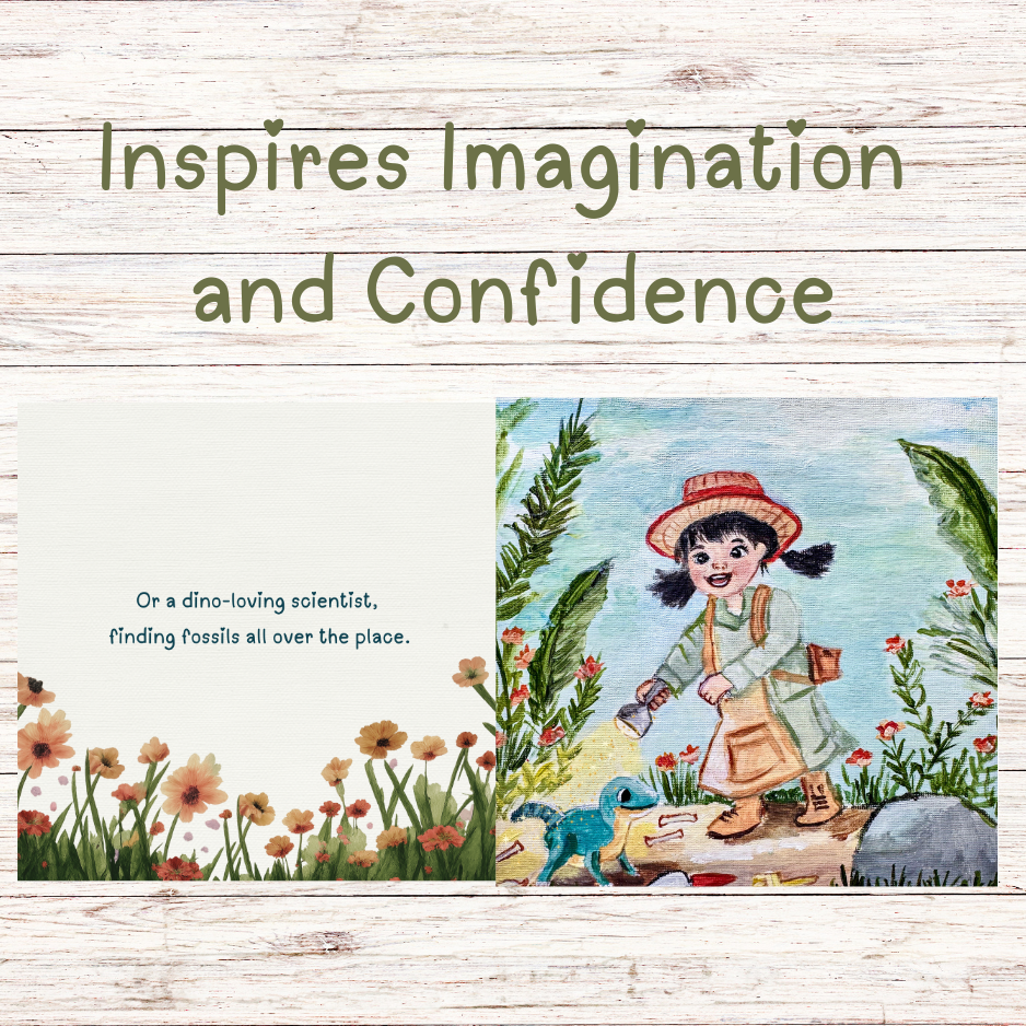 Illustration of a girl with a hat and a dino, surrounded by flowers and plants, on a wooden background.