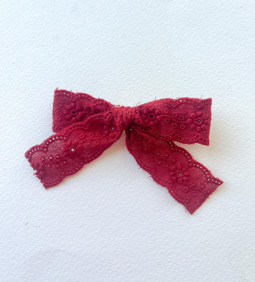 Embroidered Lace Ribbon Hair Bow Alligator Clips deep red