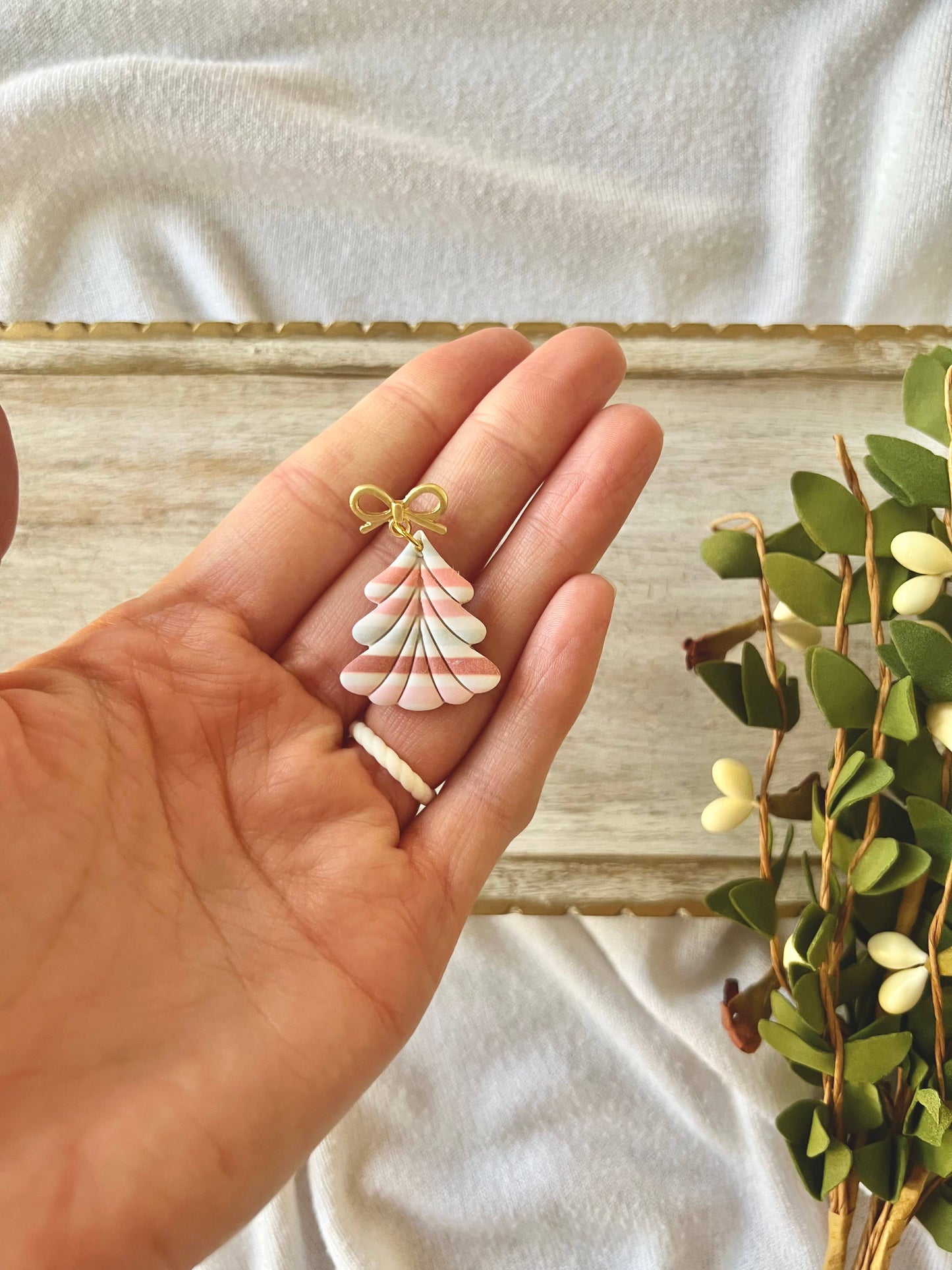 Pink Striped Christmas Tree Earrings