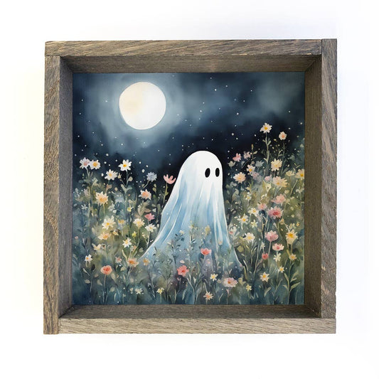 Cute Ghost in Wildflowers - Halloween Mini Canvas Art - Framed