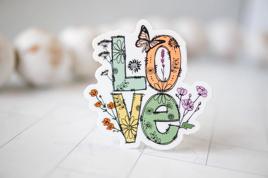 Love, Floral with Butterfly, Vinyl Sticker, 3x3 in.