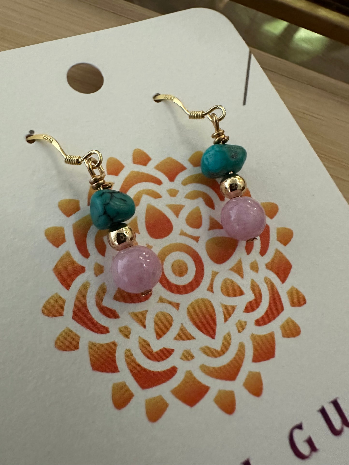 Turquoise and pink jade earrings