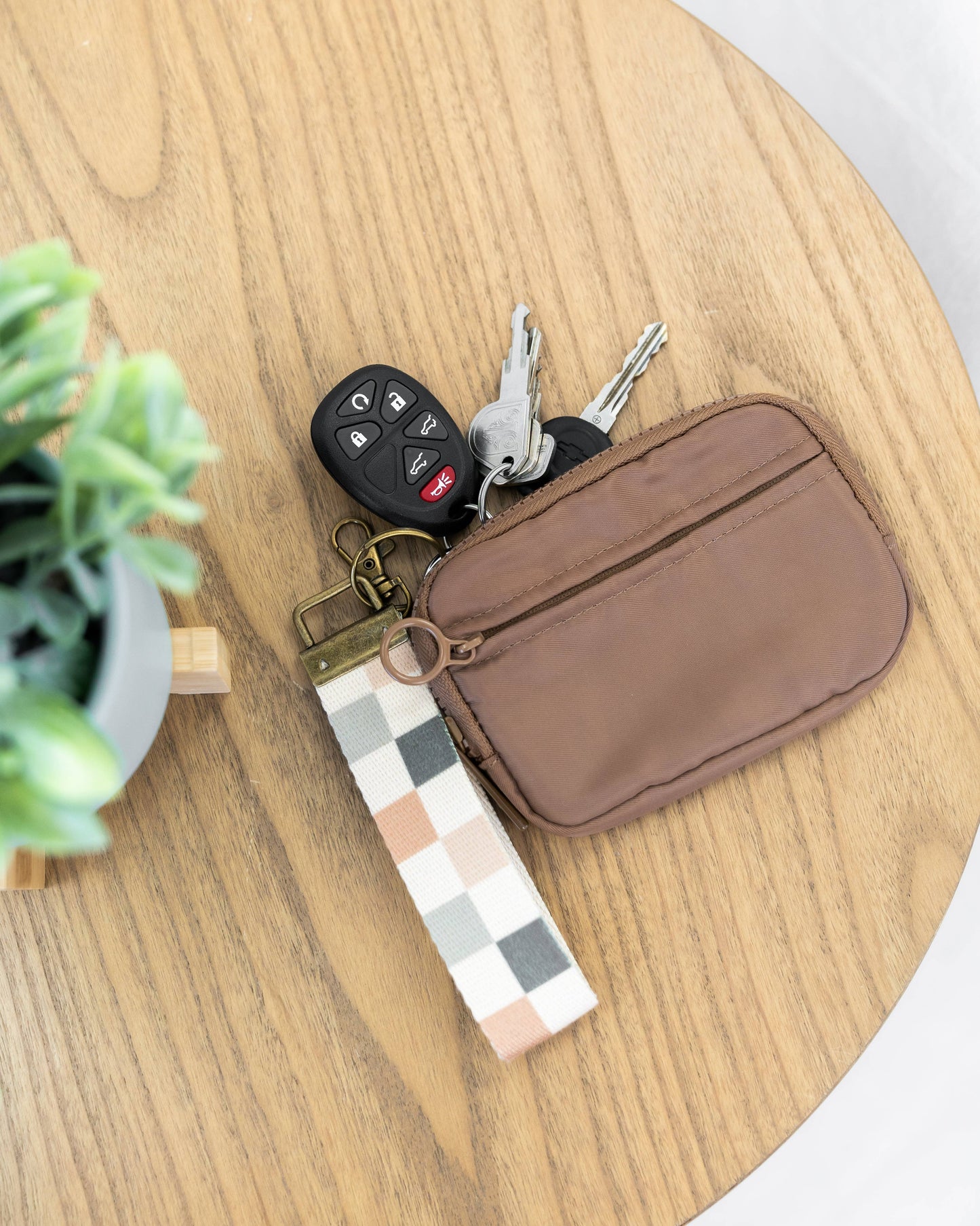 Black bag, black/tan floral strap Keychain Wallet with Wrist Lanyard, Compact Card Holder