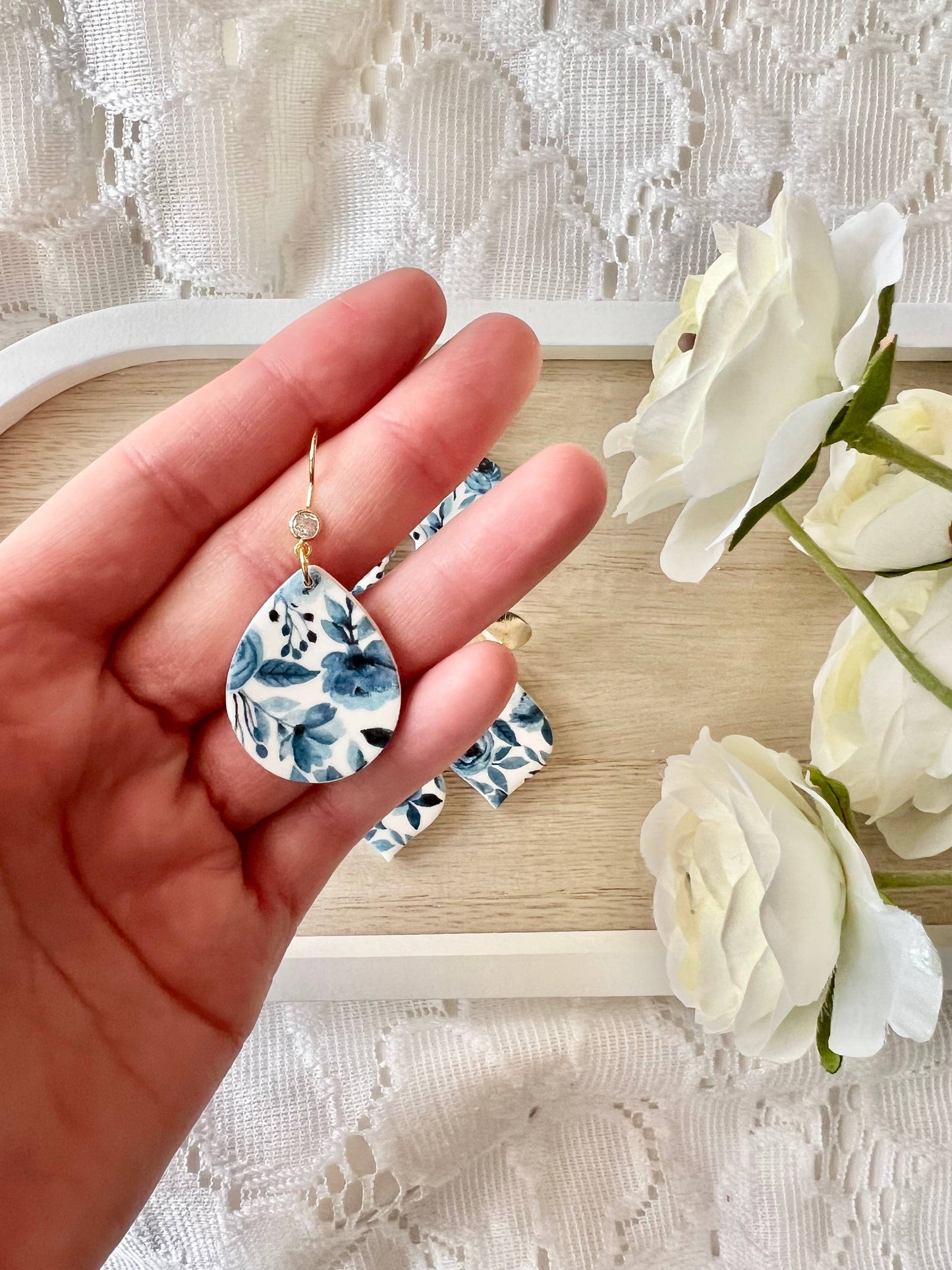 Blue Floral Clay Earring, teardrop