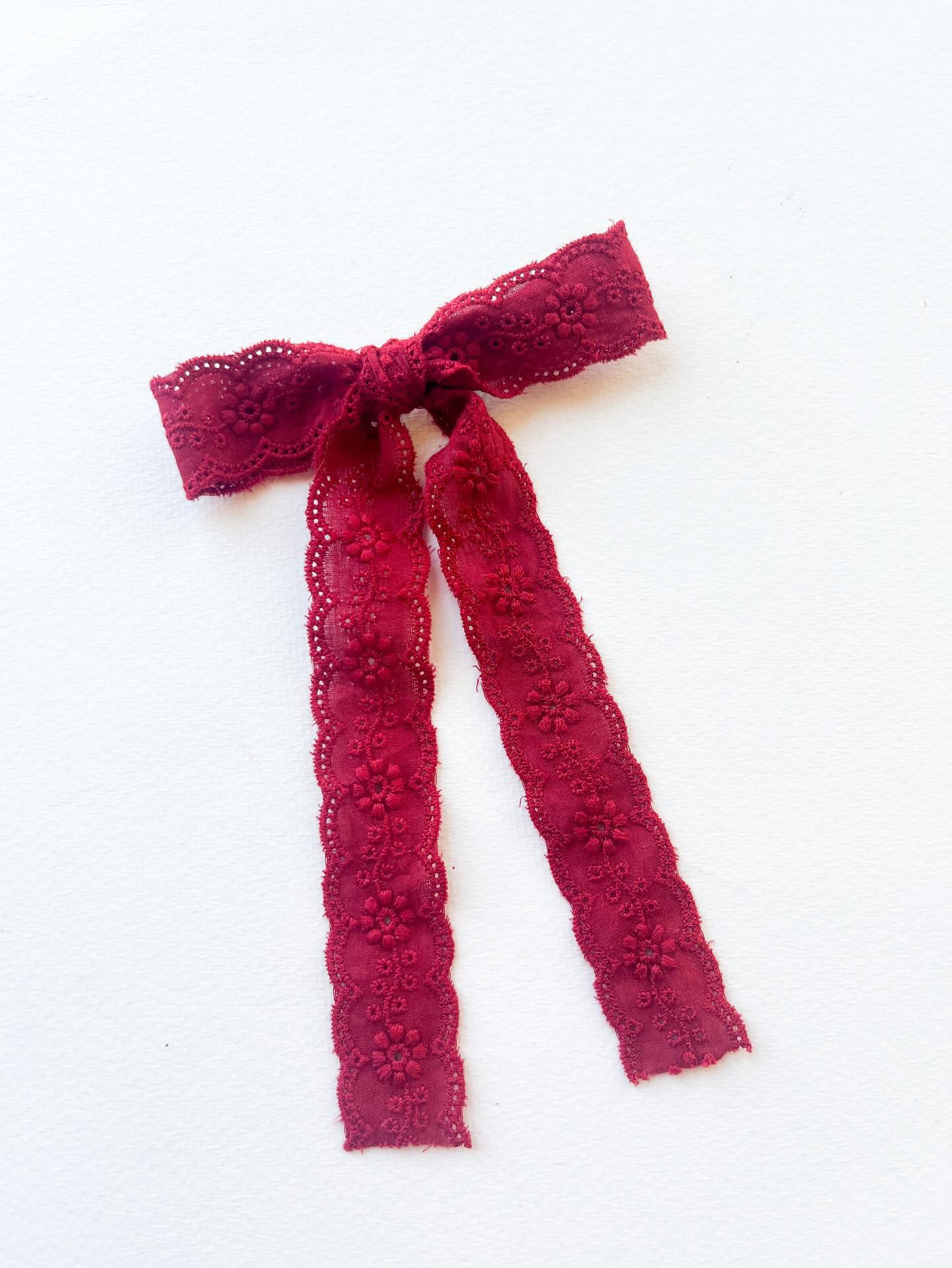 Embroidered Lace Ribbon Hair Bow Alligator Clips deep red