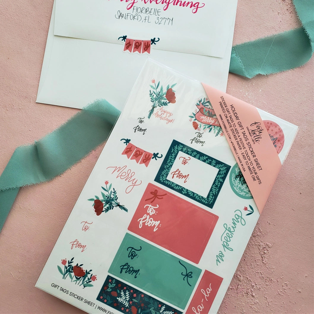 Mint Floral Christmas Stickers - Gift Tag Sticker Sheet