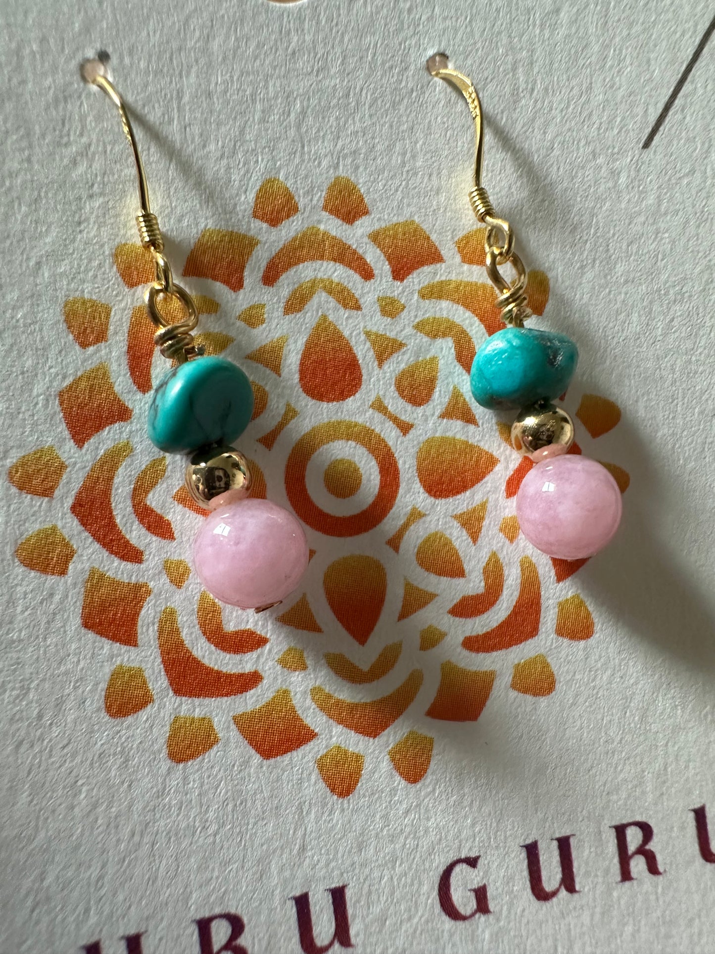 Turquoise and pink jade earrings