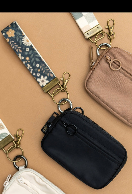 Black bag, black/tan floral strap Keychain Wallet with Wrist Lanyard, Compact Card Holder