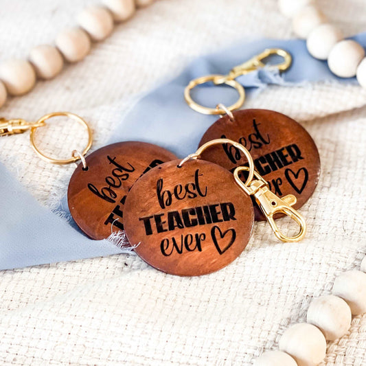 Best Teacher Ever Wooden Engraved Gold Keychain