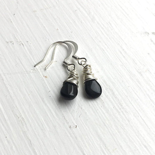 Small Teardrop Earrings with Black Onyx in Silver